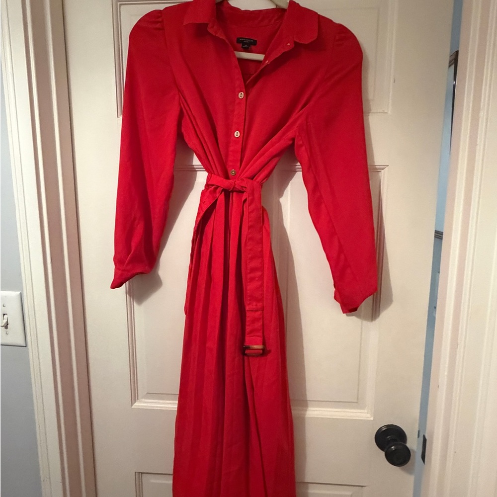 Ann Taylor Red Maxi Shirt Dress with Belt